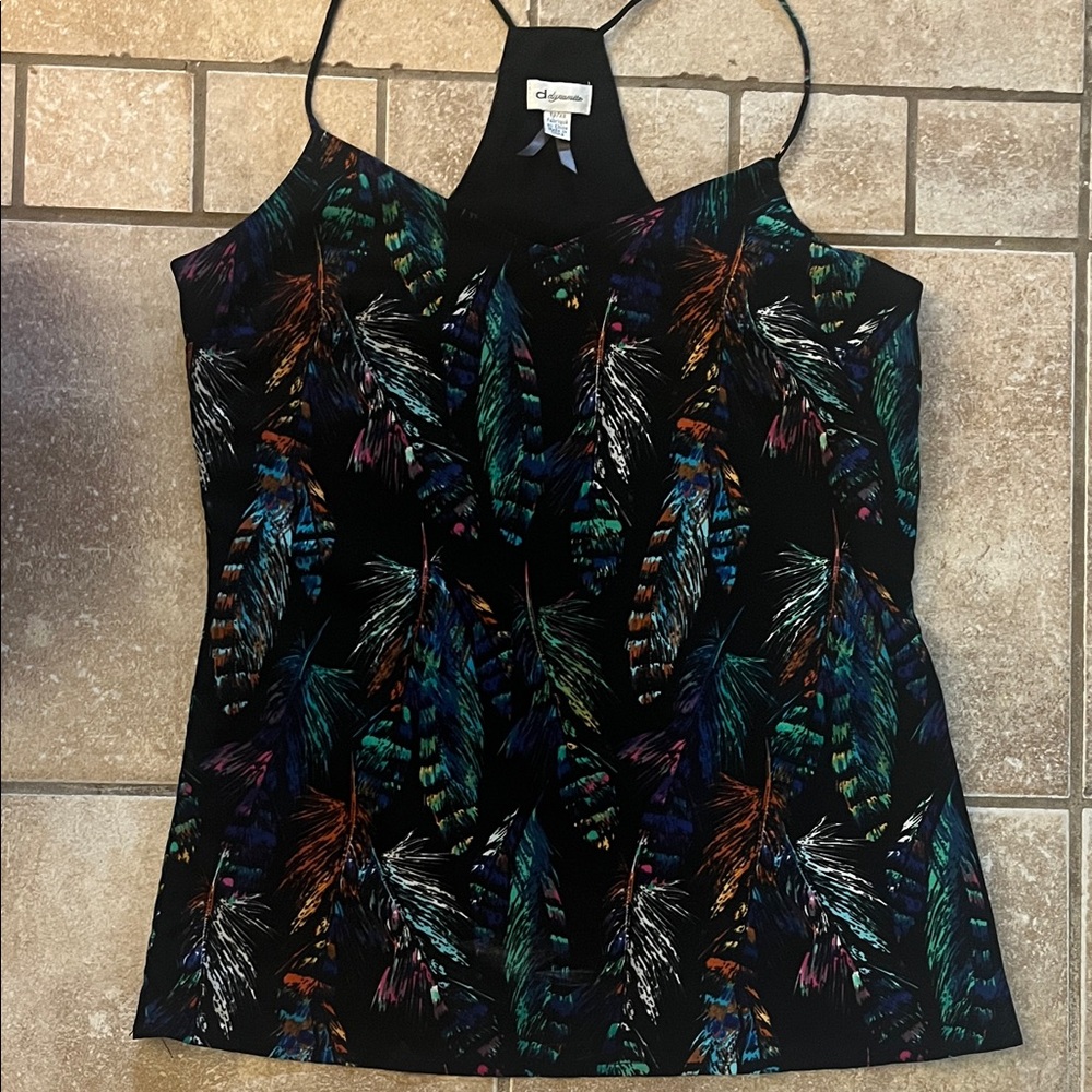 Dynamite Black Camisole with Colorful Feather Design
